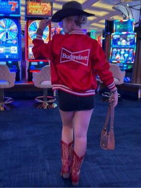 Budweiser Red Satin Team Jacket with White Logo Trim